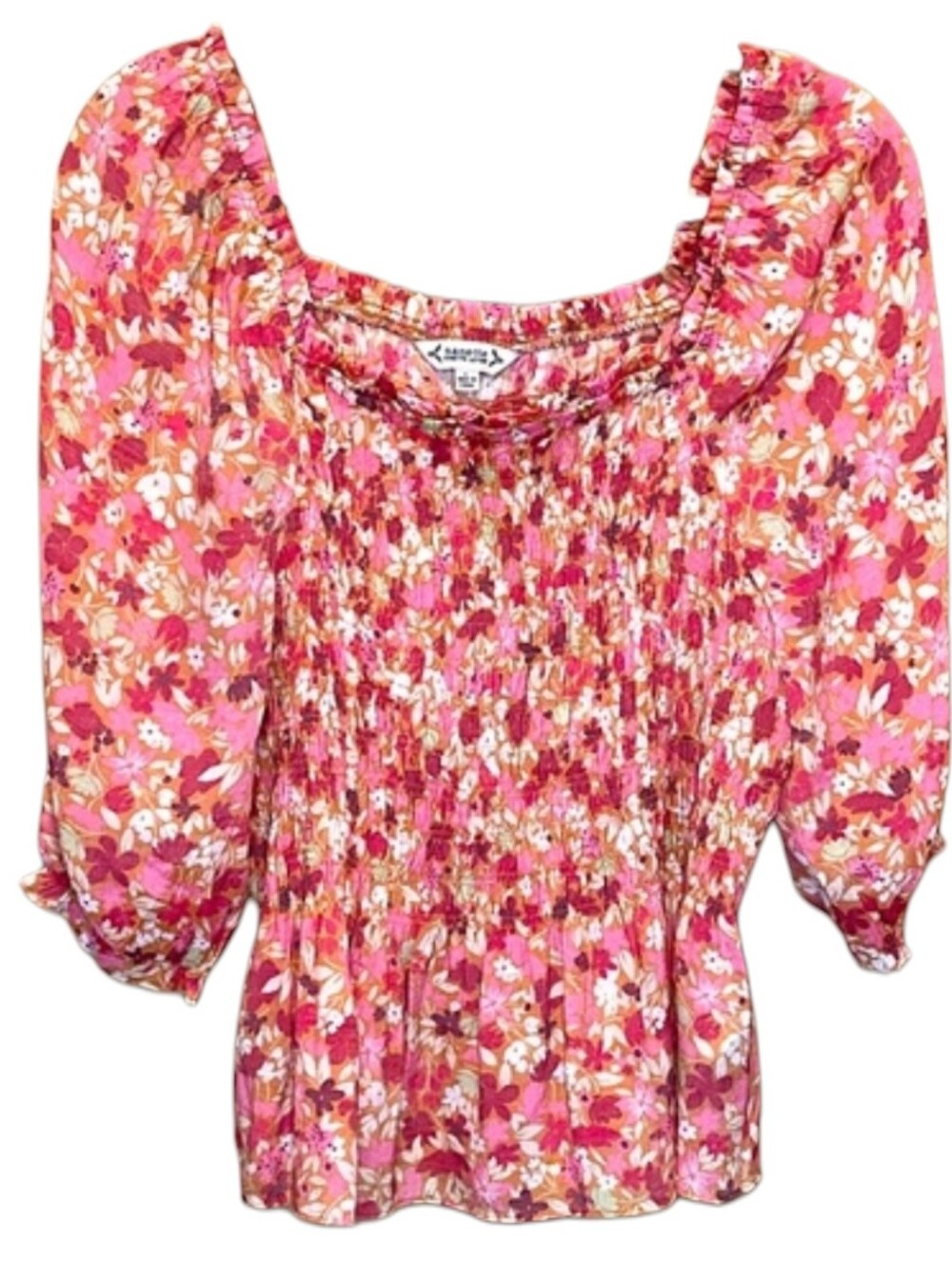 NANETTE LEPORE Pink Floral Smocked Peplum Peasant Top Puffed Elbow Sleeves Sz 8 - Picture 4 of 16